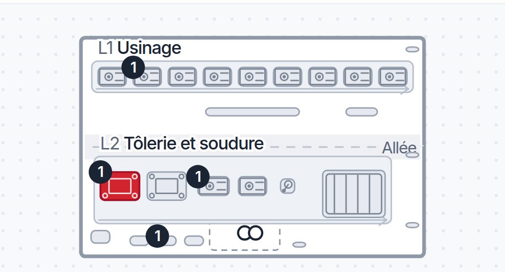 Plan de l'Atelier Martin sur un téléphone : la presse plieuse, en panne, est la seule machine en rouge.