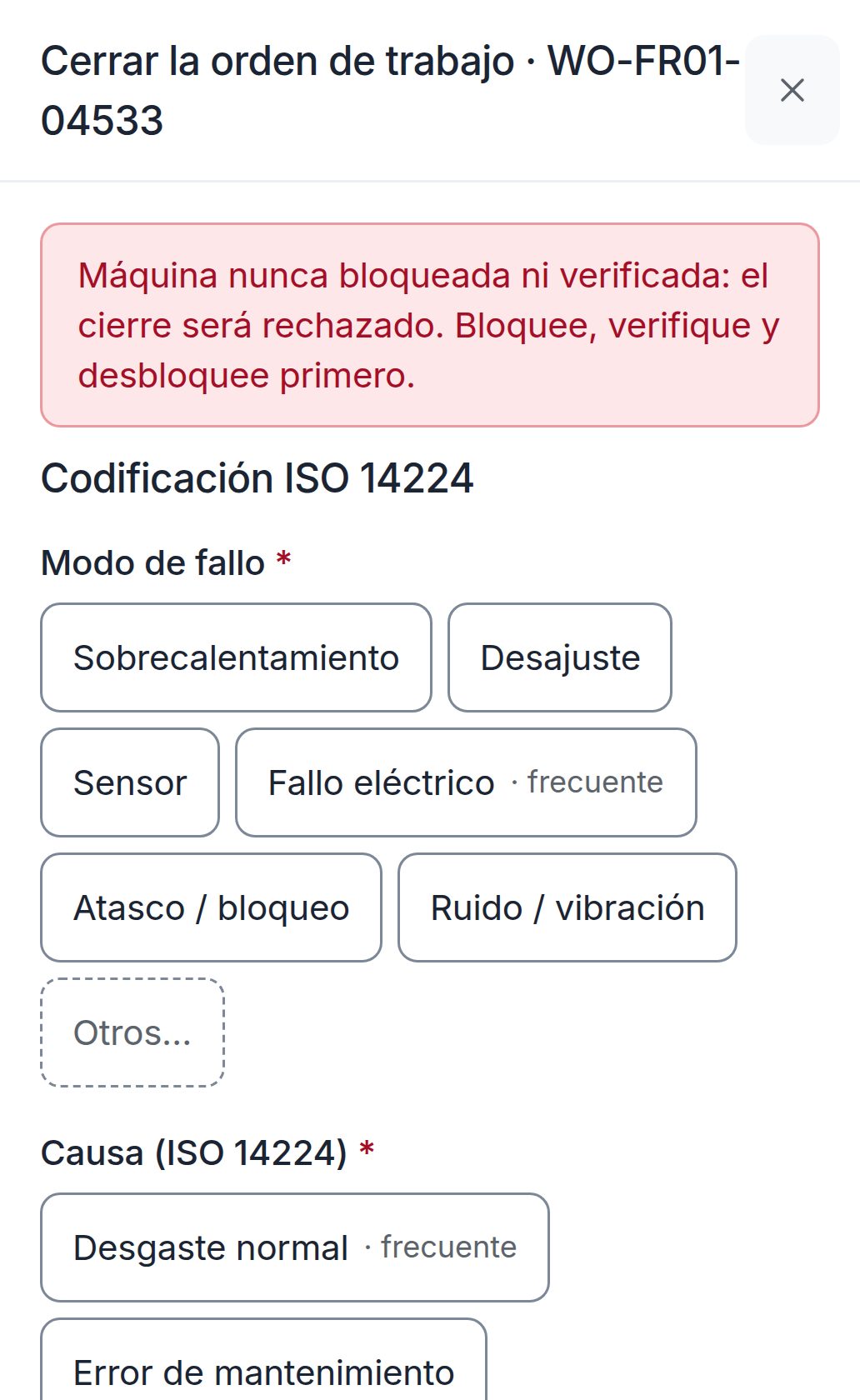 Teléfono del técnico: «Máquina nunca bloqueada ni verificada: el cierre será rechazado.»