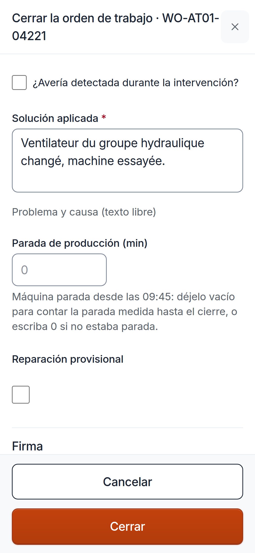 Teléfono del técnico: para cerrar la orden de la prensa plegadora, una frase en «Solución aplicada»: «Ventilateur du groupe hydraulique changé, machine essayée.» (ventilador del grupo hidráulico cambiado, máquina probada).